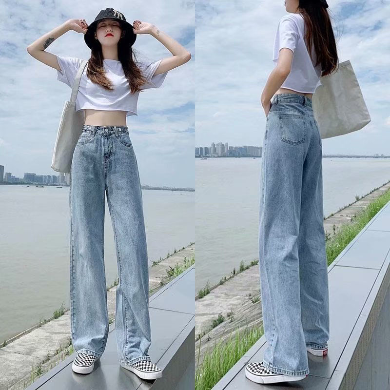 【OOTD批發】XS-2XL店長推薦！優選高腰闊腿牛仔褲 女大碼顯瘦寬鬆拖地長褲 可調節褲頭設計 高腰牛仔長褲 韓版