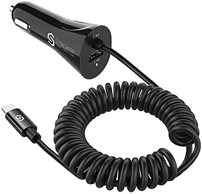 Syncwire iPhone Car Charger - Upgrade [Apple MFI Certified] 4.8A/24W Car Charging Adapter with Built-in Coiled Lightning Cable for Apple iPhone 13/12/11/Xs/XS Max/XR/X/8/7/6s/6 Plus, iPad &amp; More